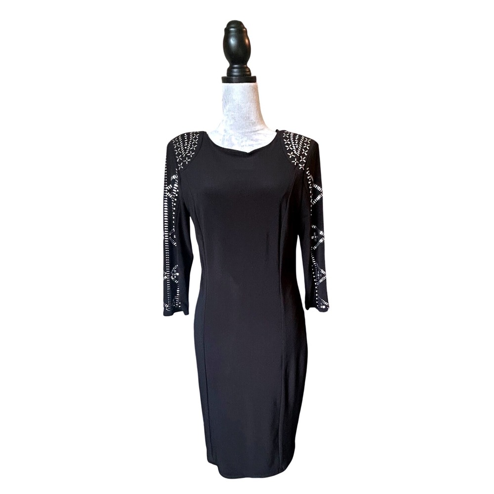 Frank Lyman Black Sheath Dress Embellished‎ 3/4 Sleeve Career Cocktail 8